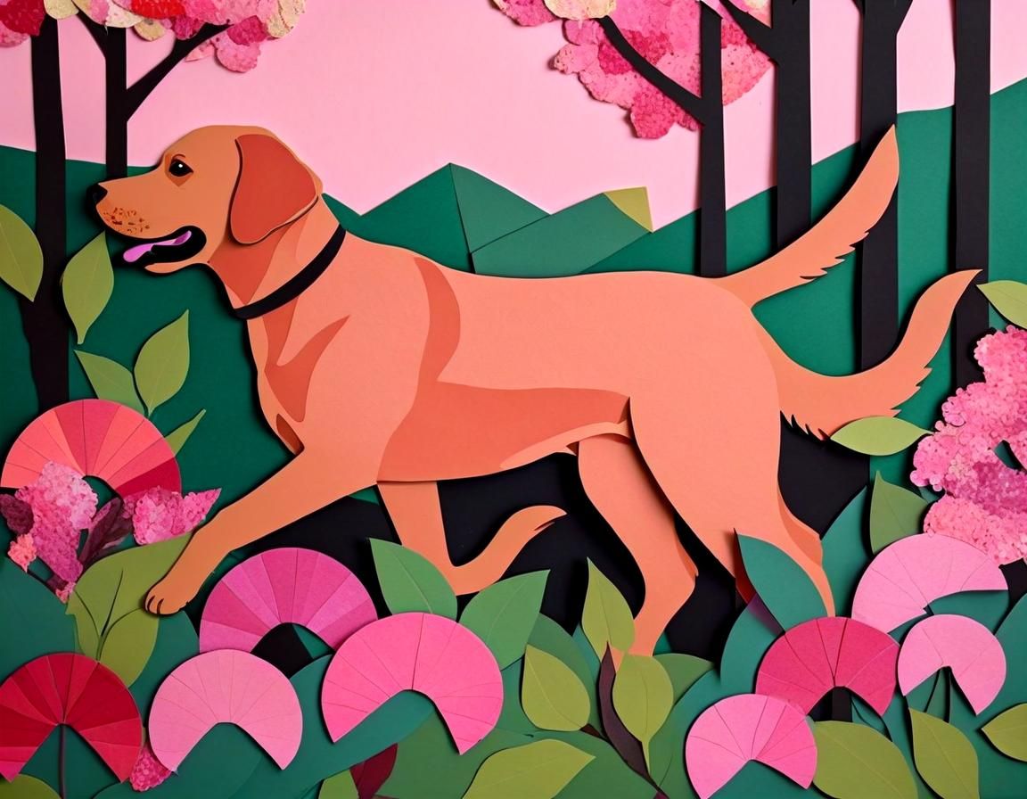 Red Labrador Runs Through Pink Bushes Collage