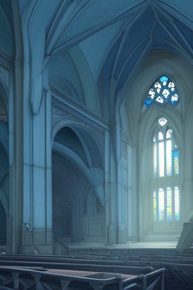 Abandoned Church Interior: Digital Art in Blue