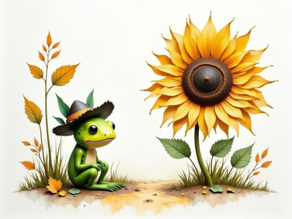 Frog with Sunflower in Storybook Illustration Style