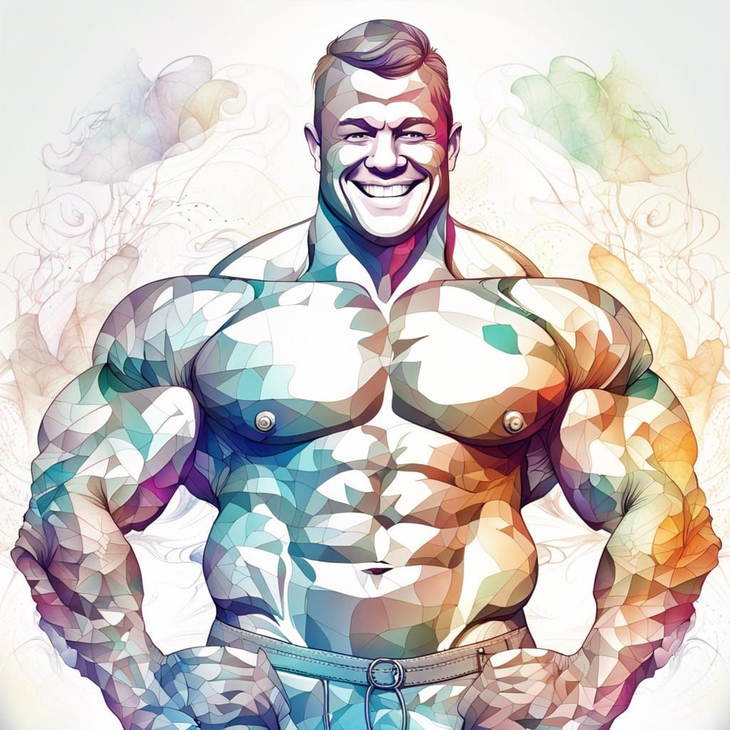 Watercolor Bodybuilder Flexing with Abstract Details