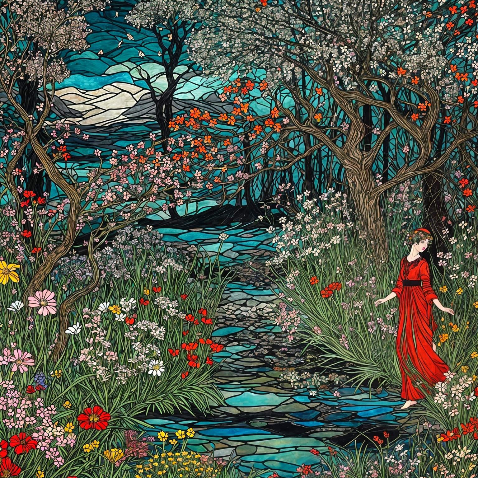 Explosive Floral Stained Glass Forest Art