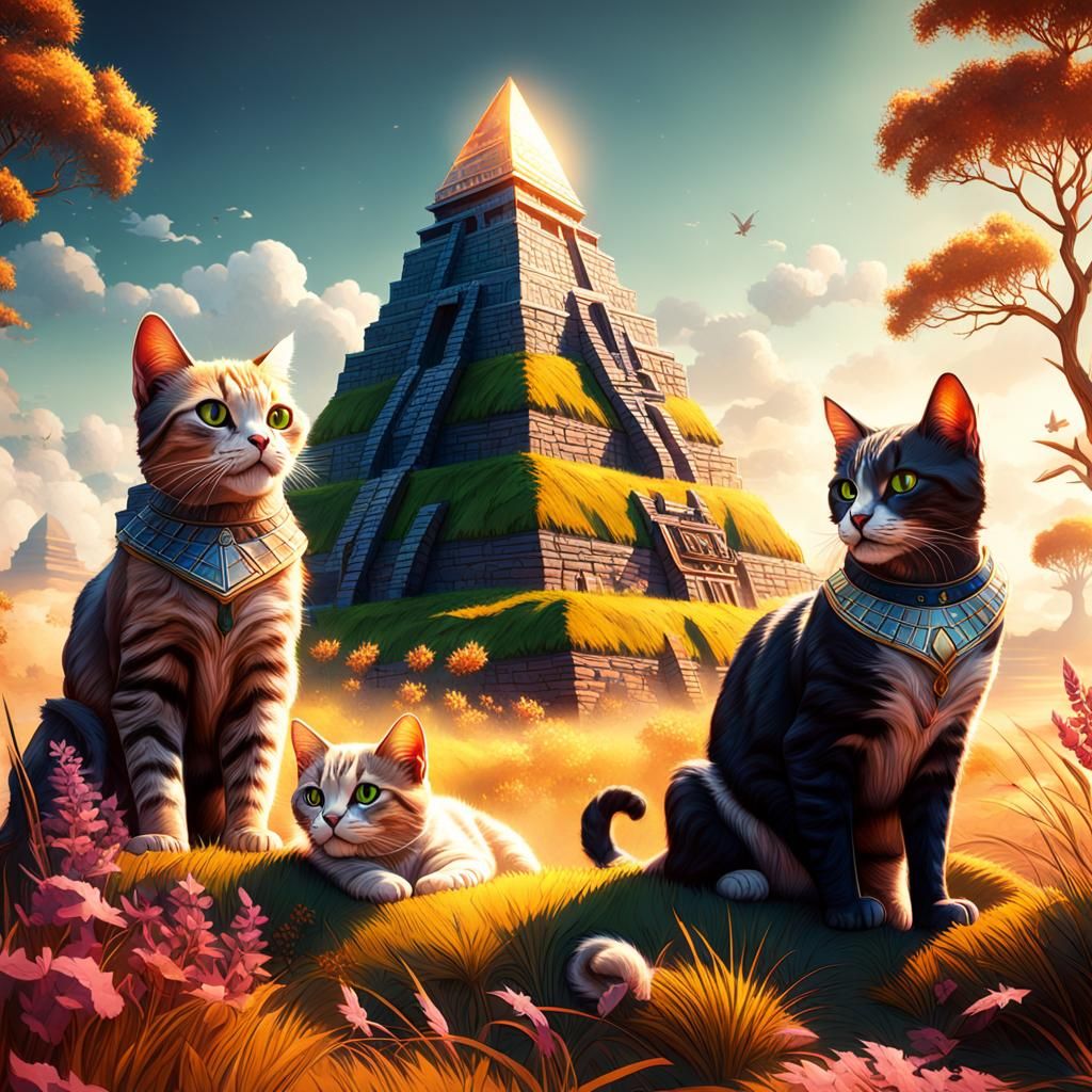 A Pyramid of Cats in Grassy Field