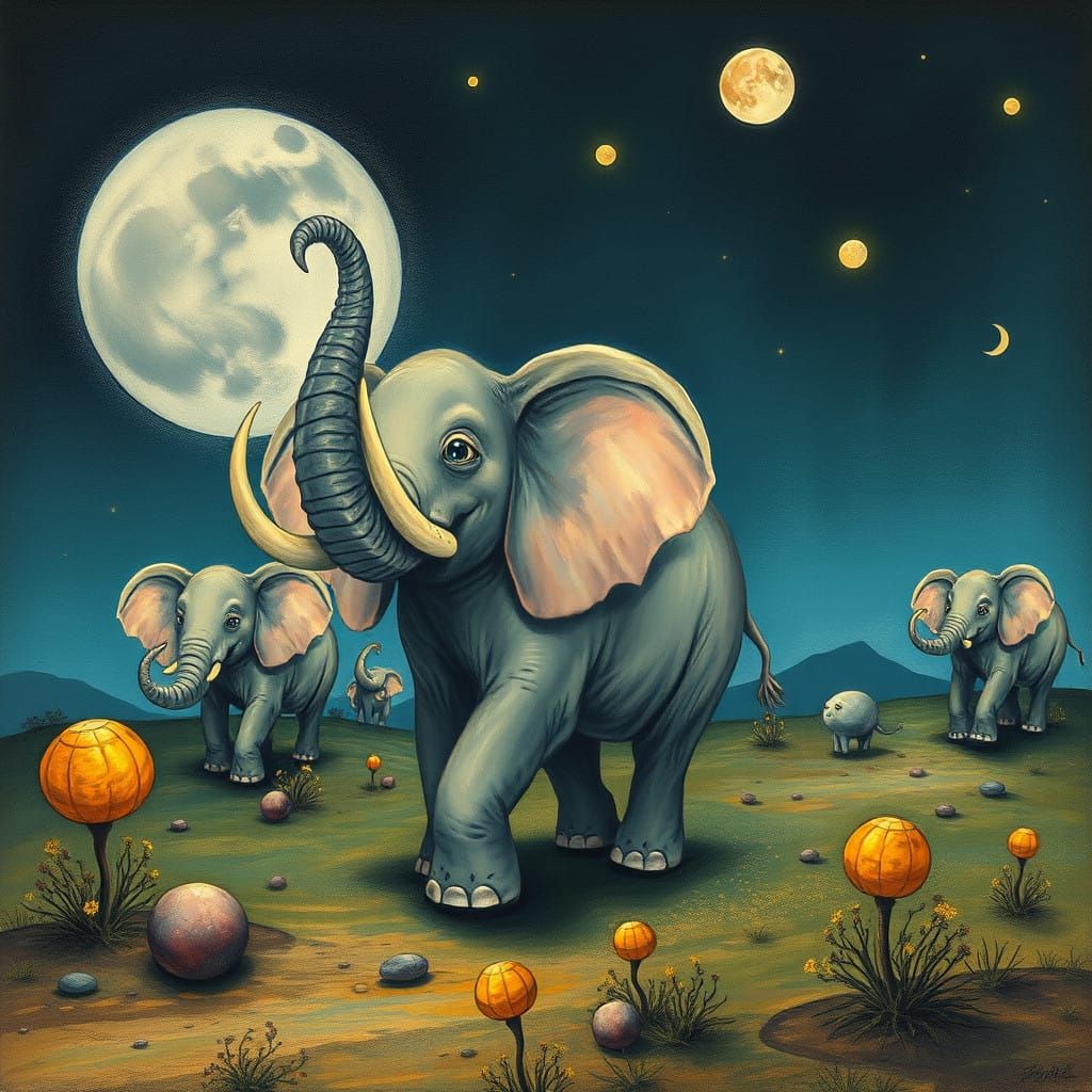 Surreal Elephants in a Dreamlike Leunig-Inspired Nightscape