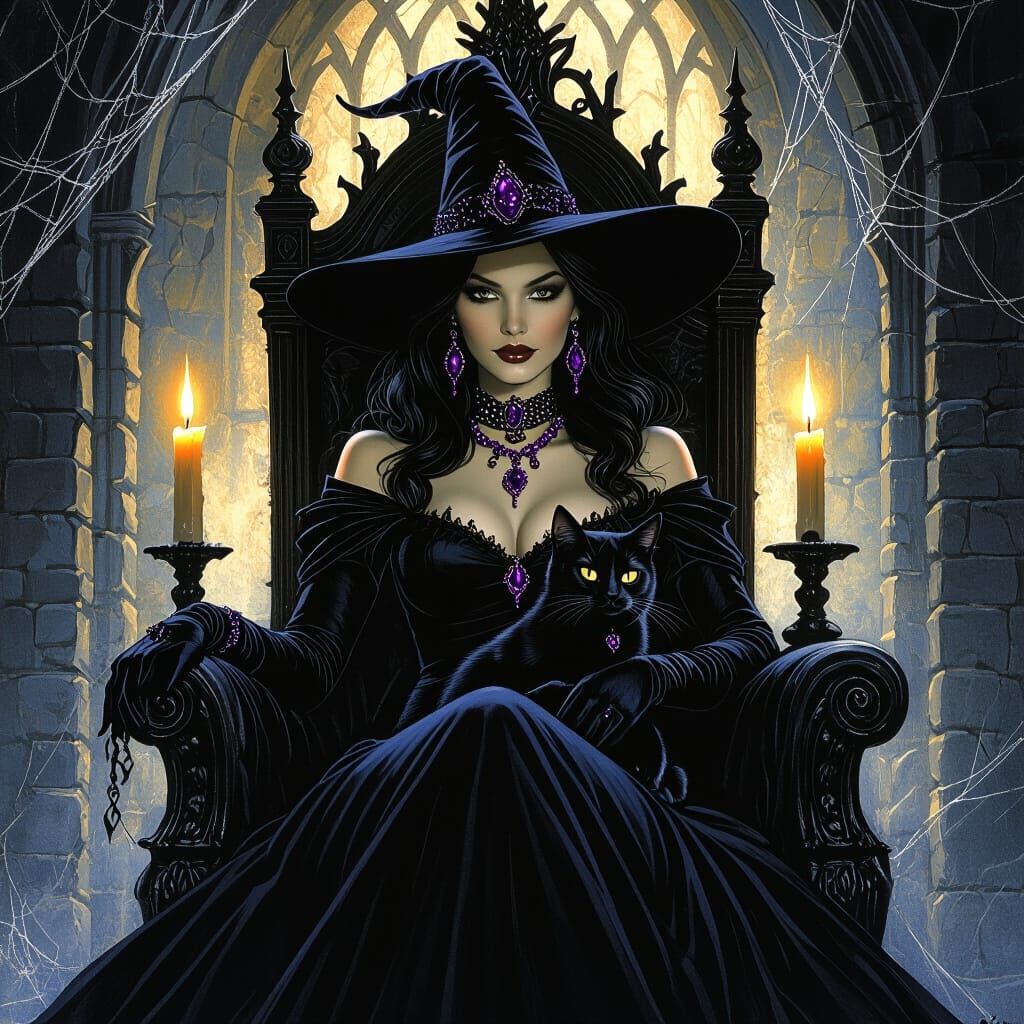 Halloween Witch on Throne with Black Cat in Gothic Castle