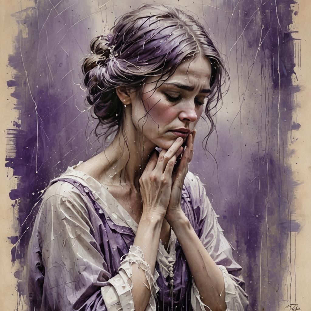 Weeping Woman Portrait in Acryl Impasto Style