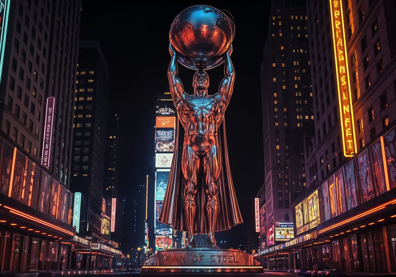 Retro-Futuristic Superman Statue in Neon-Lit Times Square