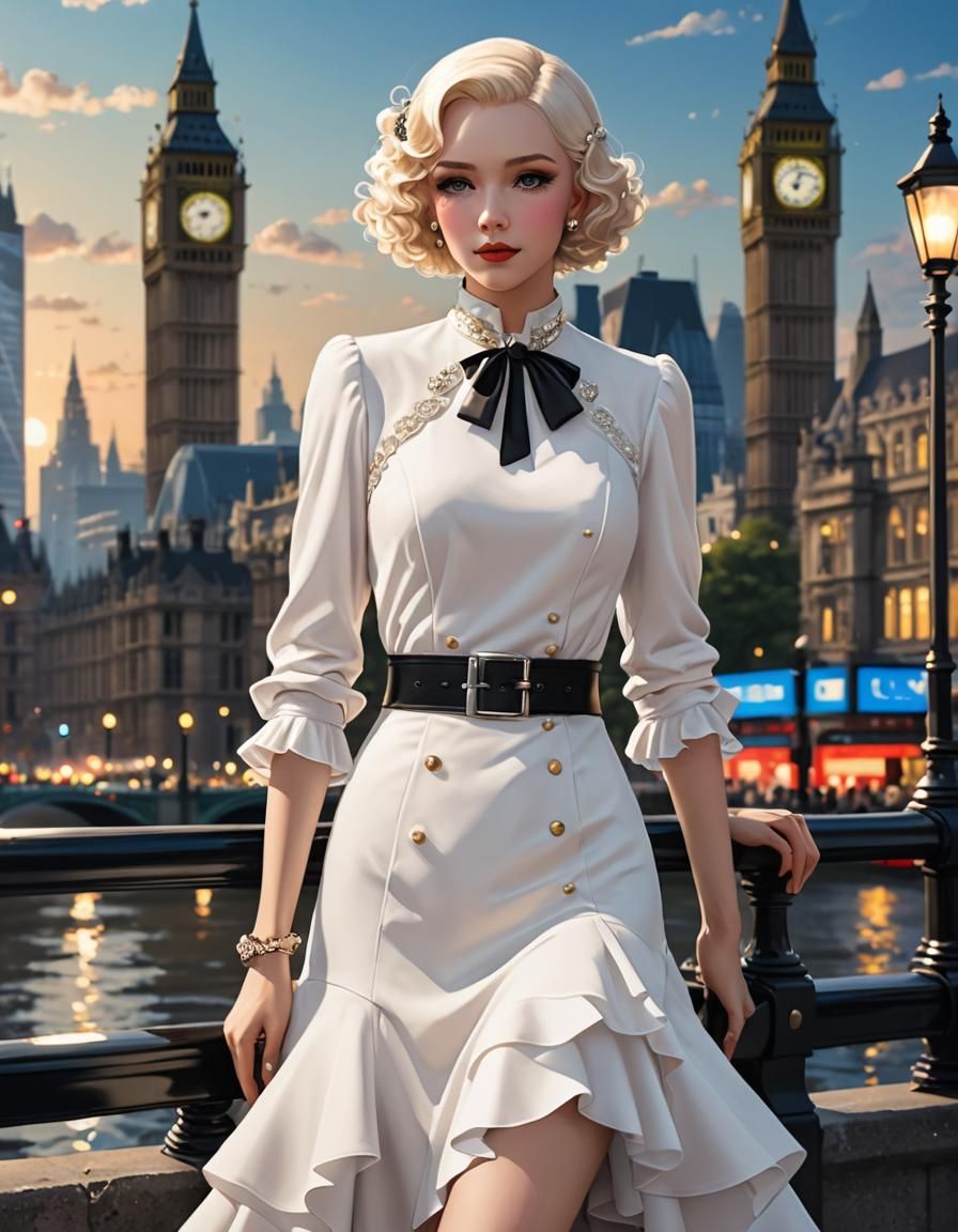 1930s Ladies Suit in Anime Style, London Backdrop