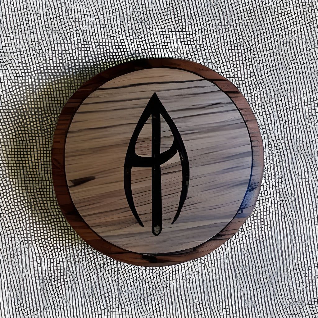 A silver wooden small rune embedded with the symbol of mercury. realistic wood
