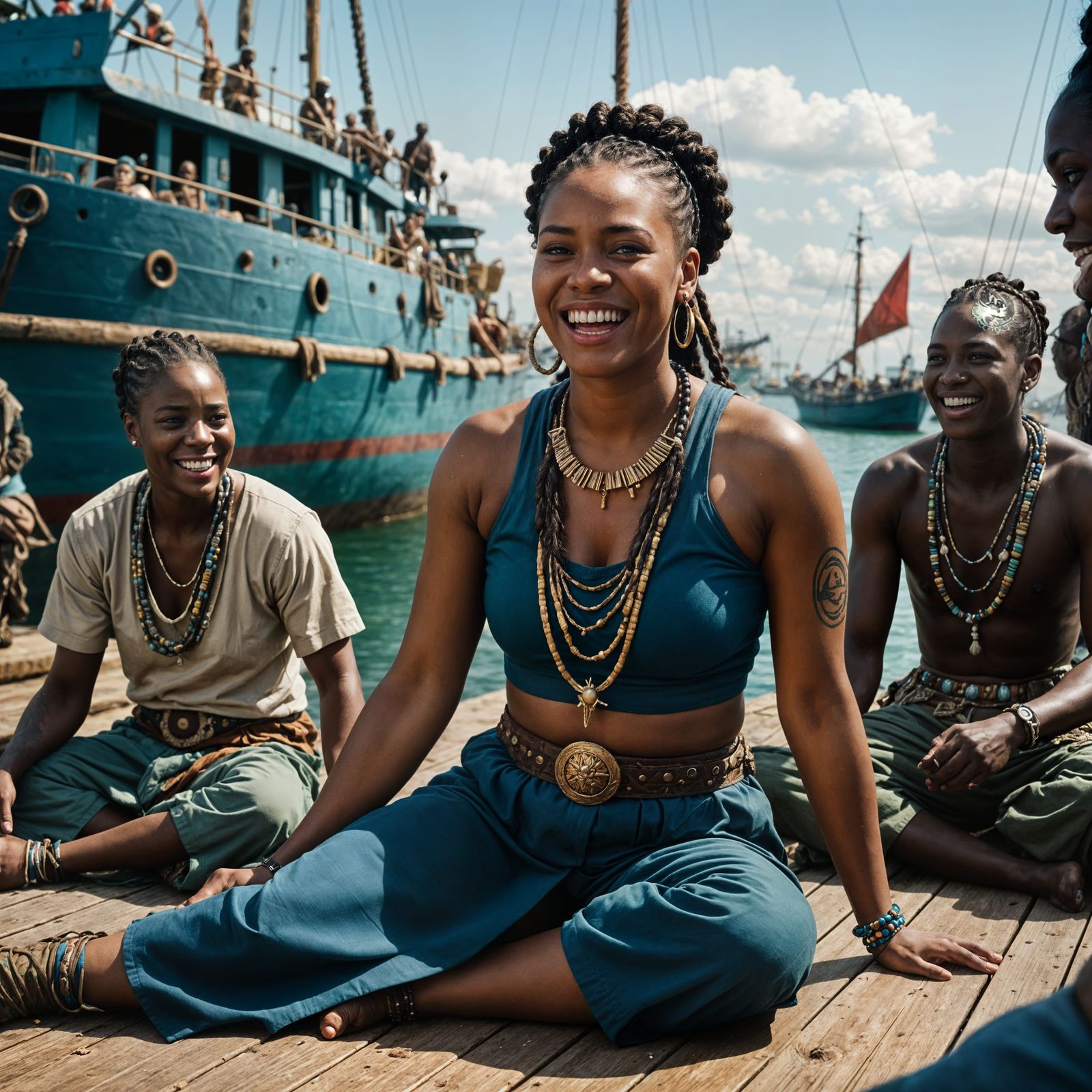 Laughing Warlord Relaxing on Ship Deck