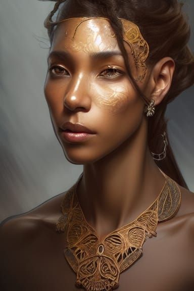 Kind Woman with Bronze Jewelry, Detailed Portrait