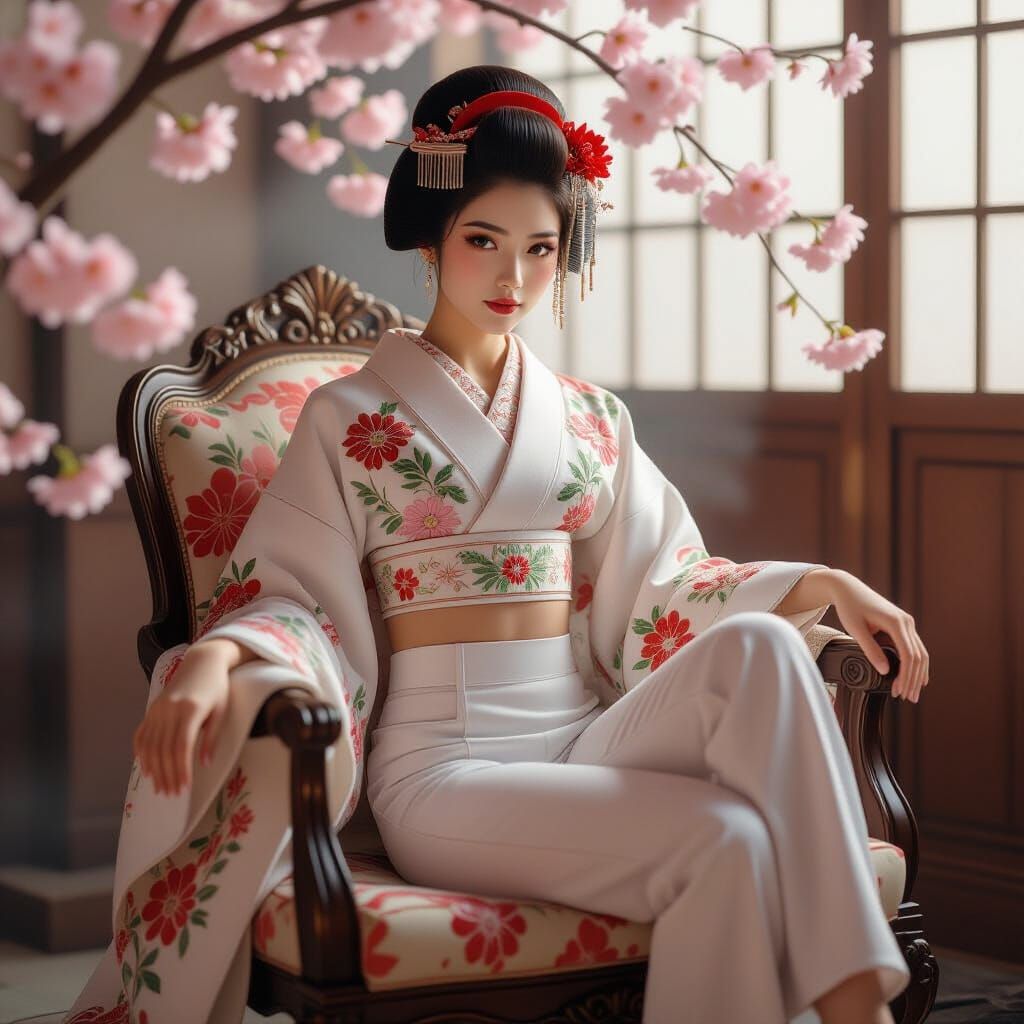 Japanese Geisha in Modern Attire, Misty Atmosphere