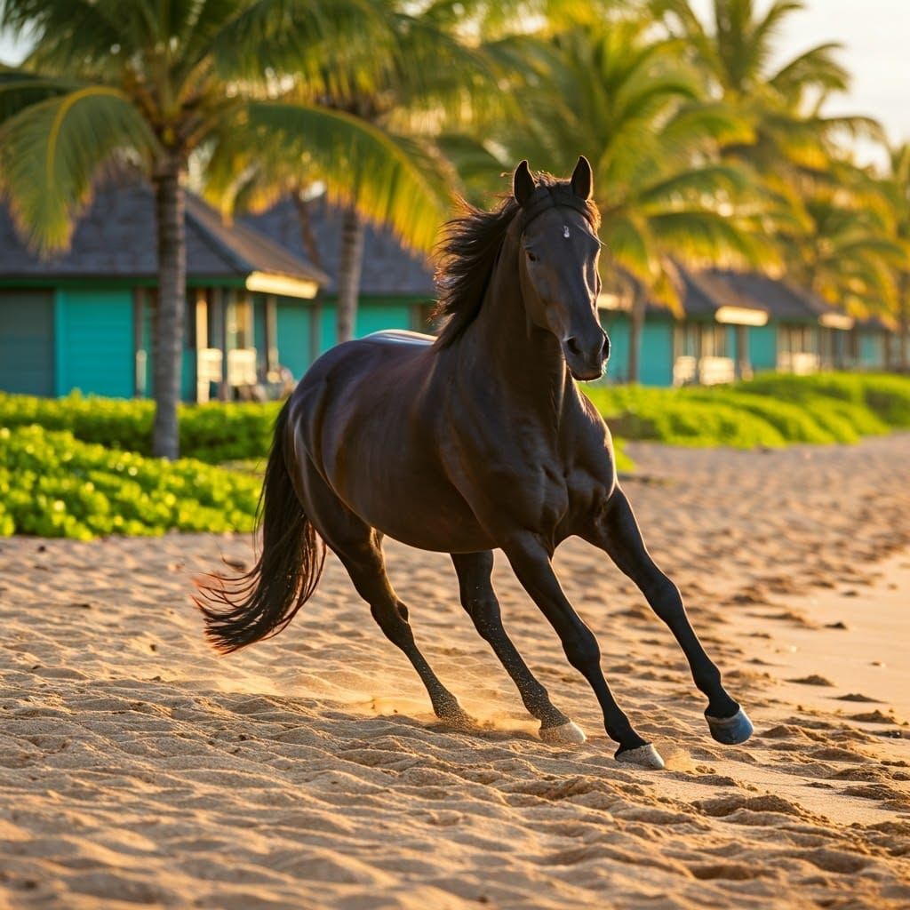 Black Horse Gallops on Sun-Kissed Hawaiian Beach