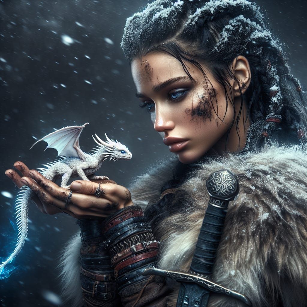 Viking Woman with Dragon in Snowstorm: Matte Painting