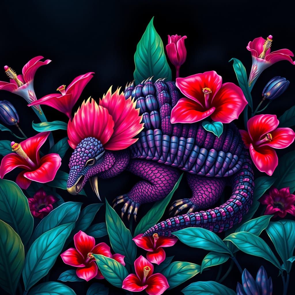 Vibrant Jungle Armadillo in Deep Black Background