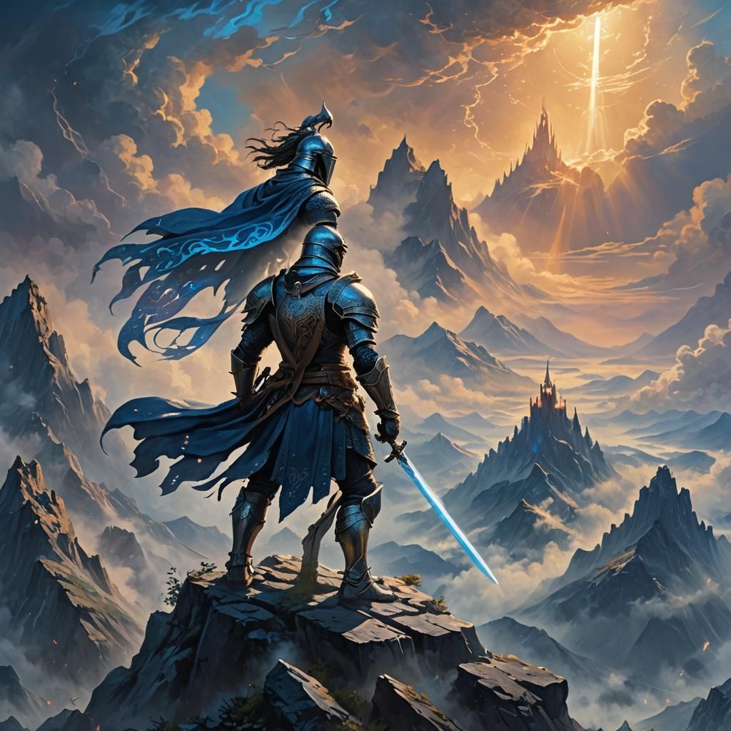 Victorious Armored Knight on Mountain Peak in Fantasy Art