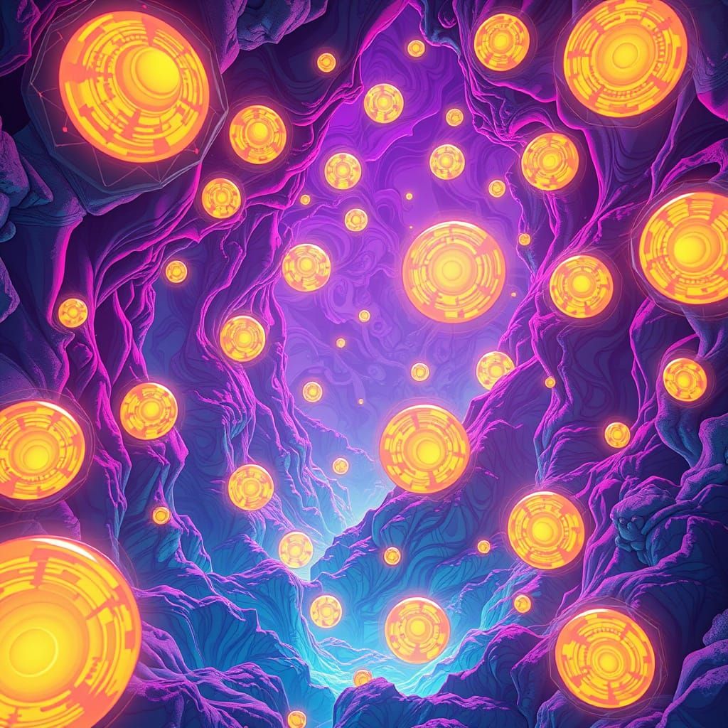 Mystical Orbs Scene in Neon Digital Art Style