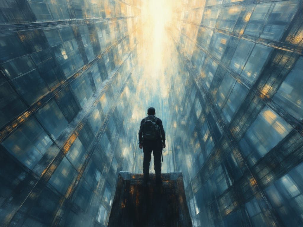 <lora:Brushed Oils:1.0> A figure looking down from a skyscra...