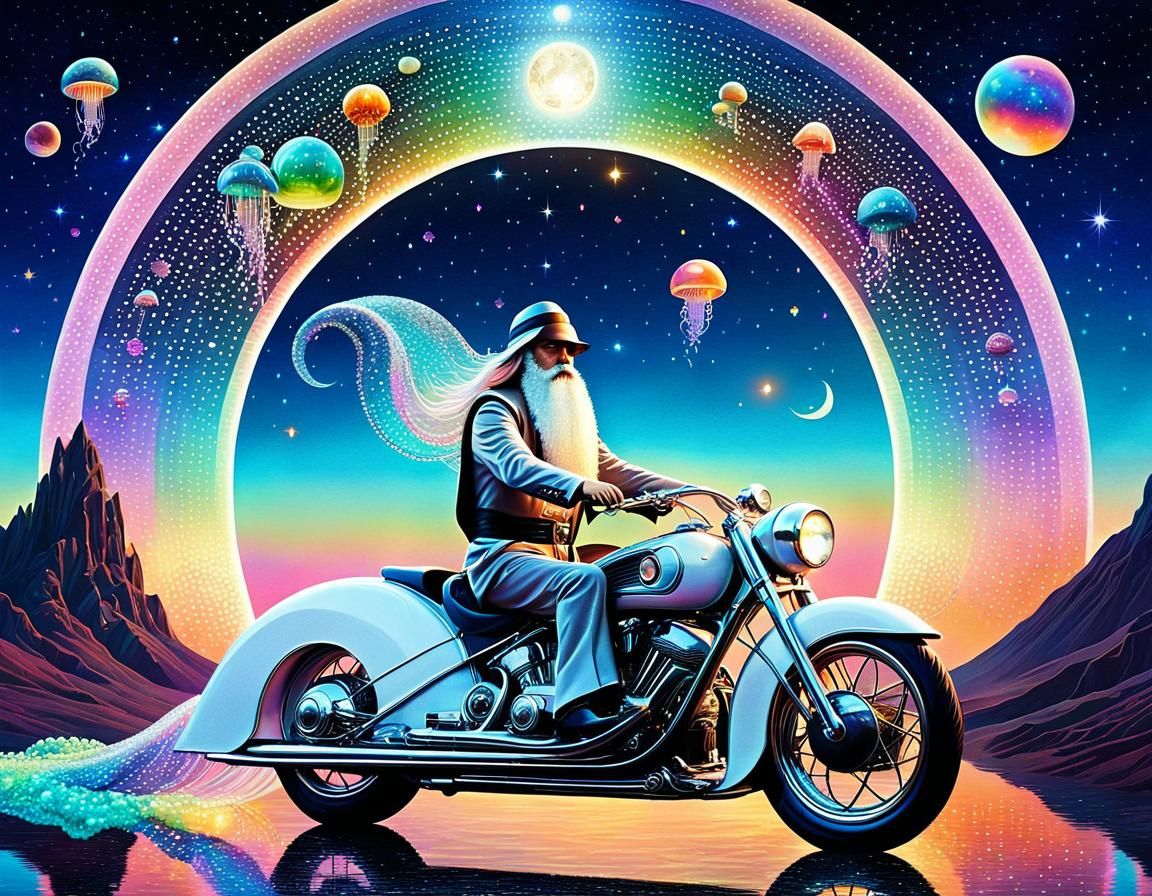 Surreal Art Deco Wizard on Retro Motorcycle