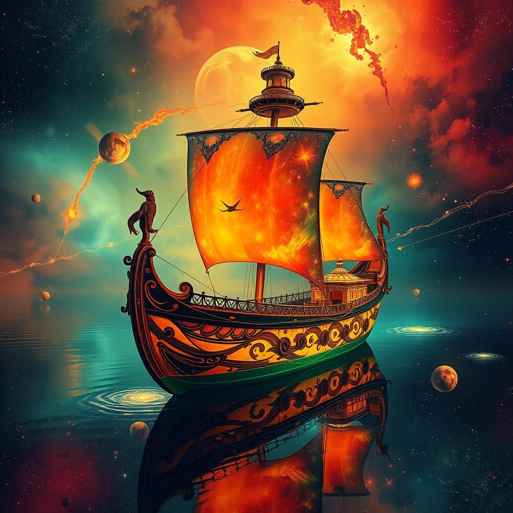 Galactic Ship of Existence in Visionary Art Style