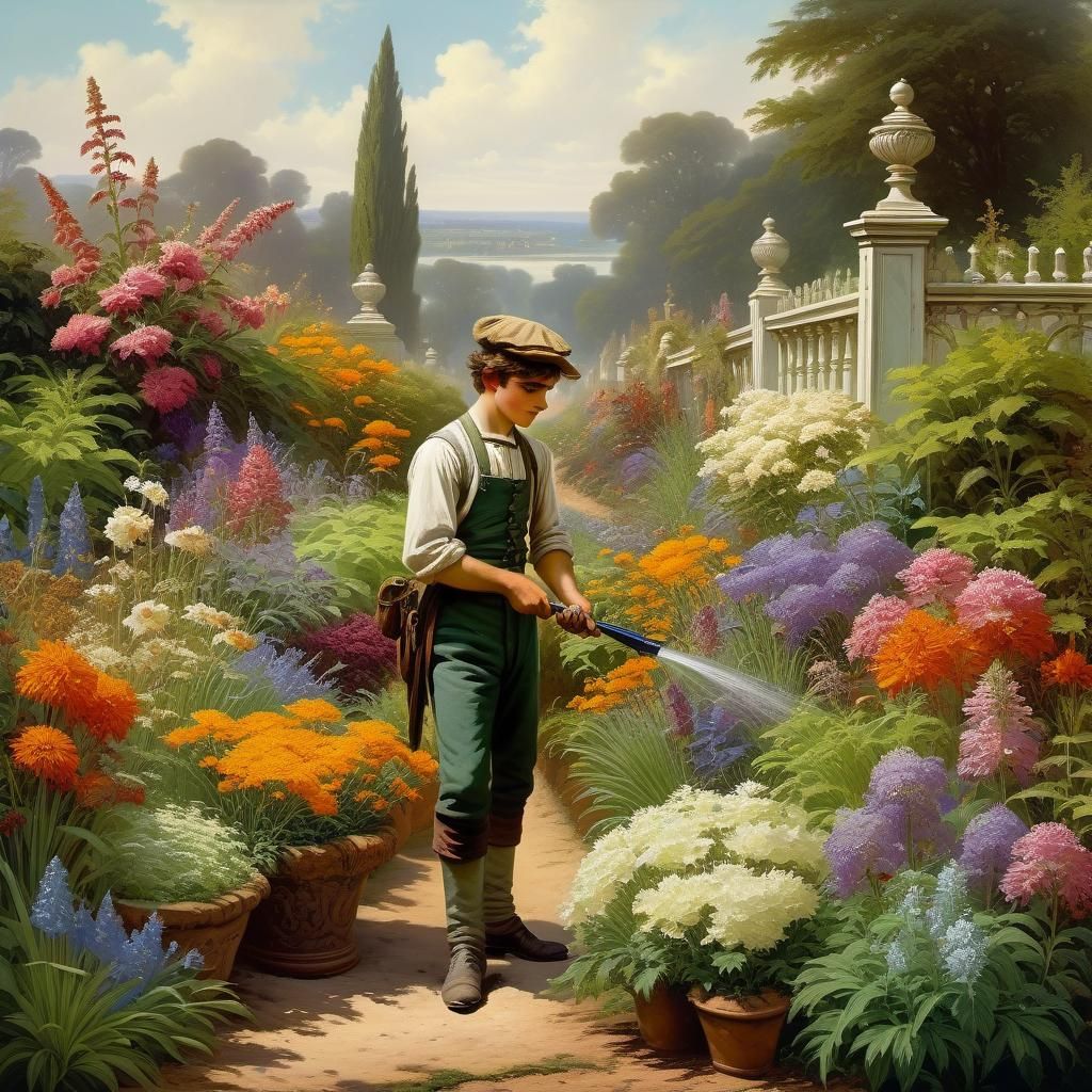 Herbaceous Border Impasto Painting of Young Gardener