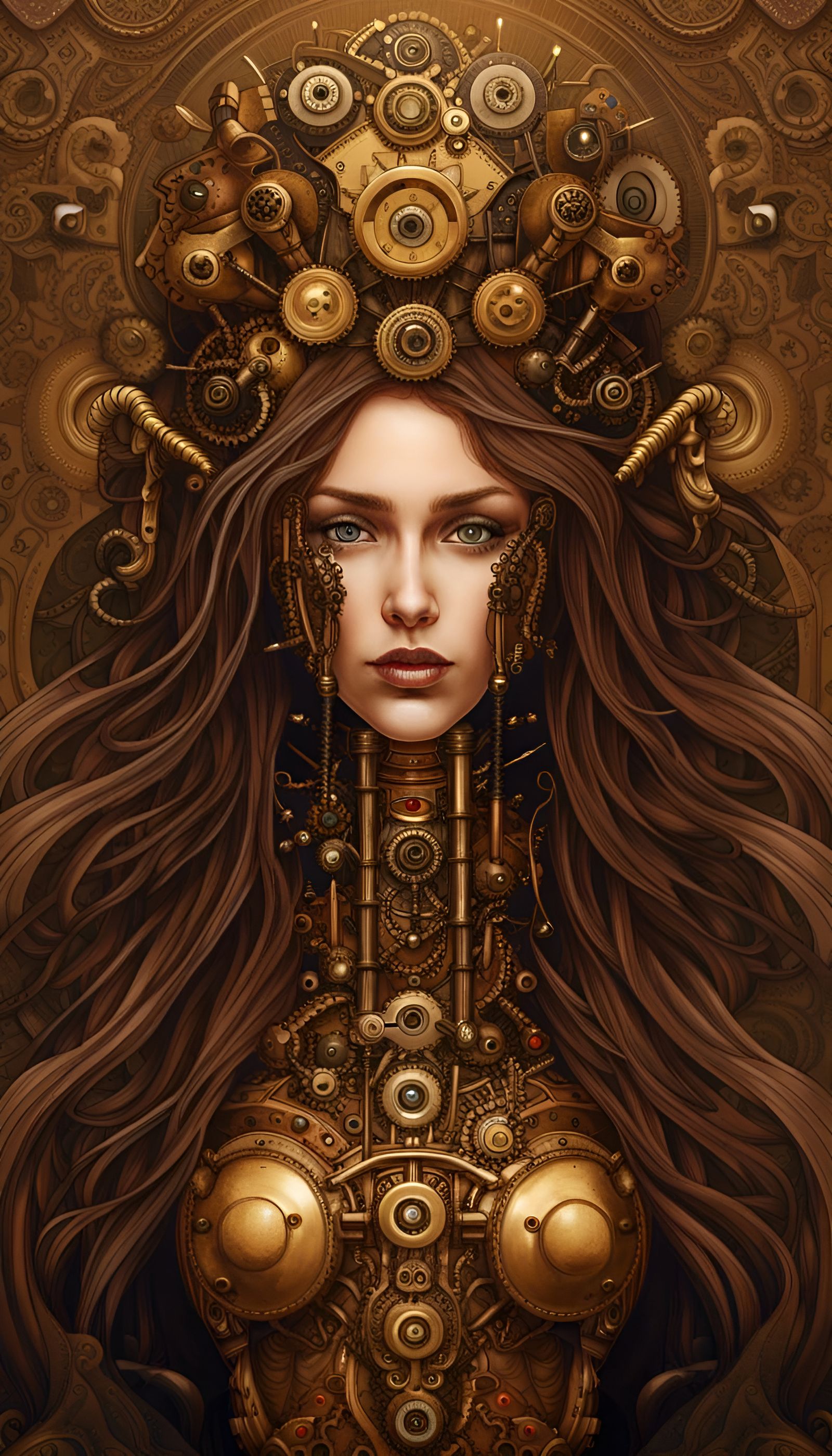 interpretation of a beautiful mechanical steampunk woman, he...