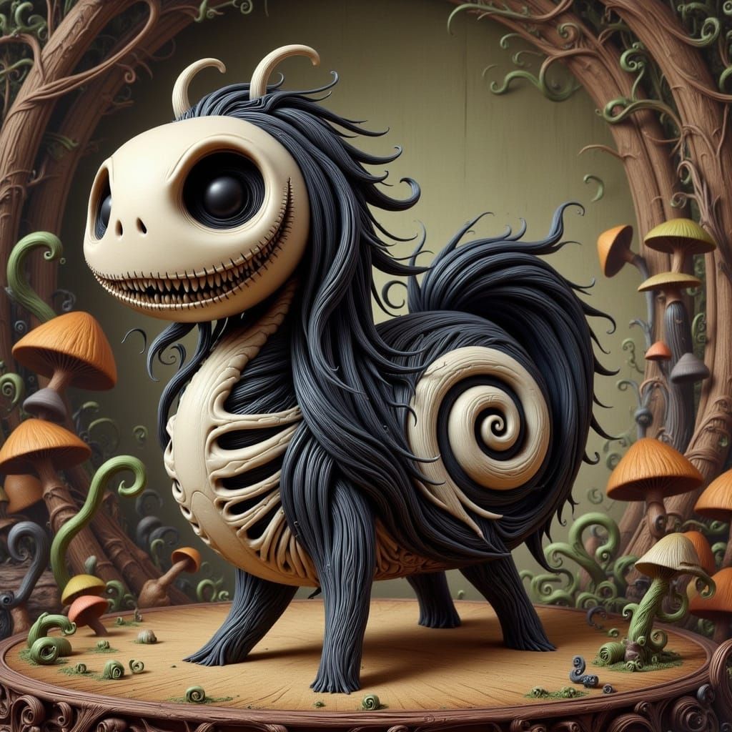 Whimsical Tim Burton-Inspired Horse with Black Fur and White...