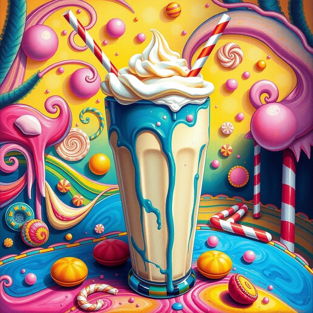 Colorful Banana Milkshake in Candyland, Gouache Art