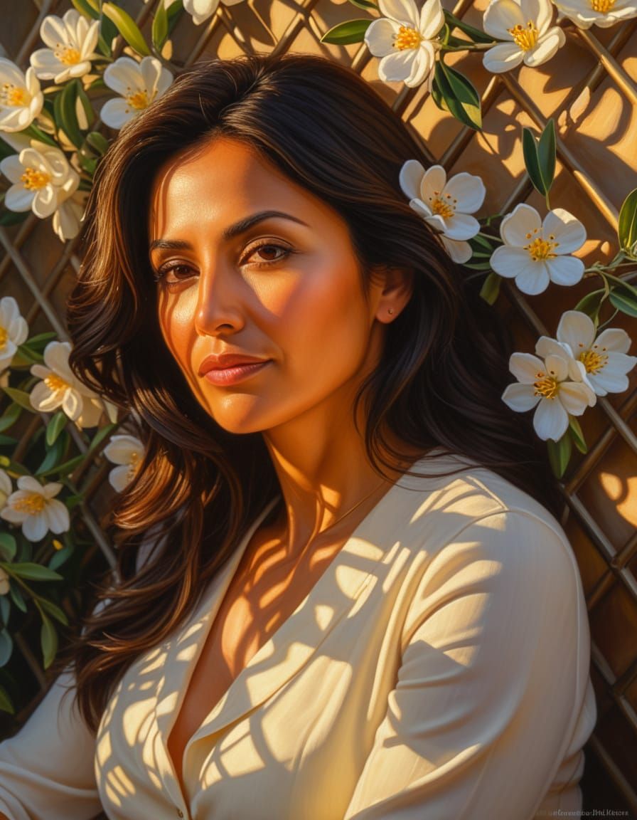 Woman in Trellis Garden: Romantic Realism Oil Painting