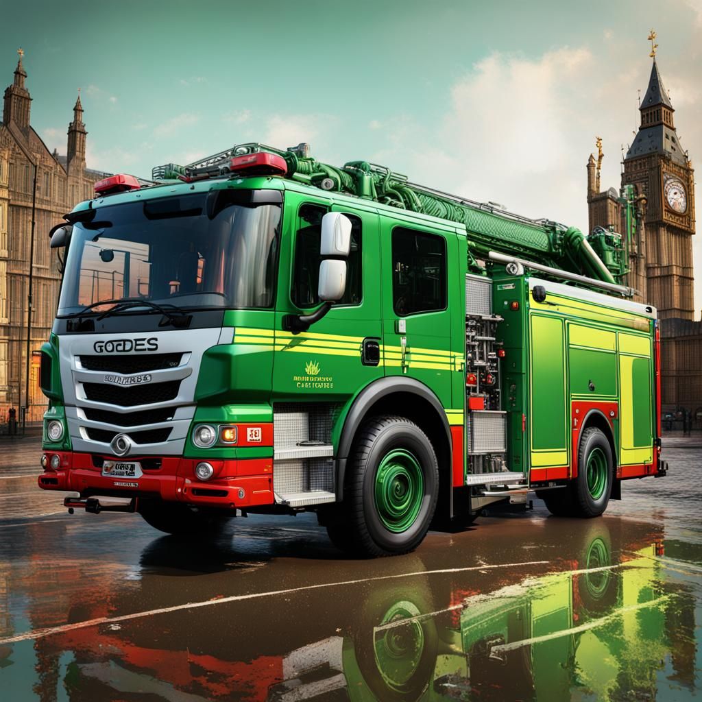Hyperrealistic Green Goddess Fire Engine Splash Art