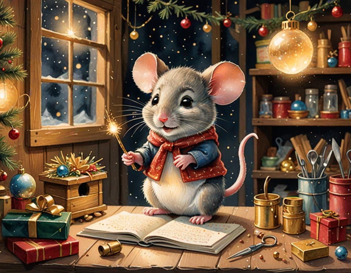Mouse in Santa's Workshop: Watercolor Christmas Illustration