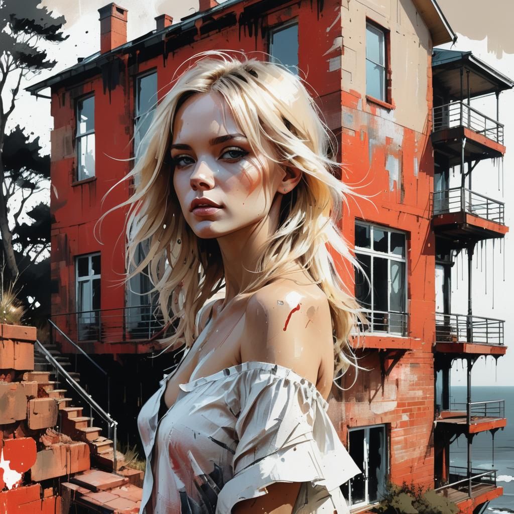 Woman at Baltic Sea House in Pastel Ink Style