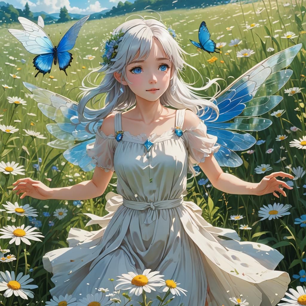 Enchanting Fairy in Blooming Meadow: Studio Ghibli Style
