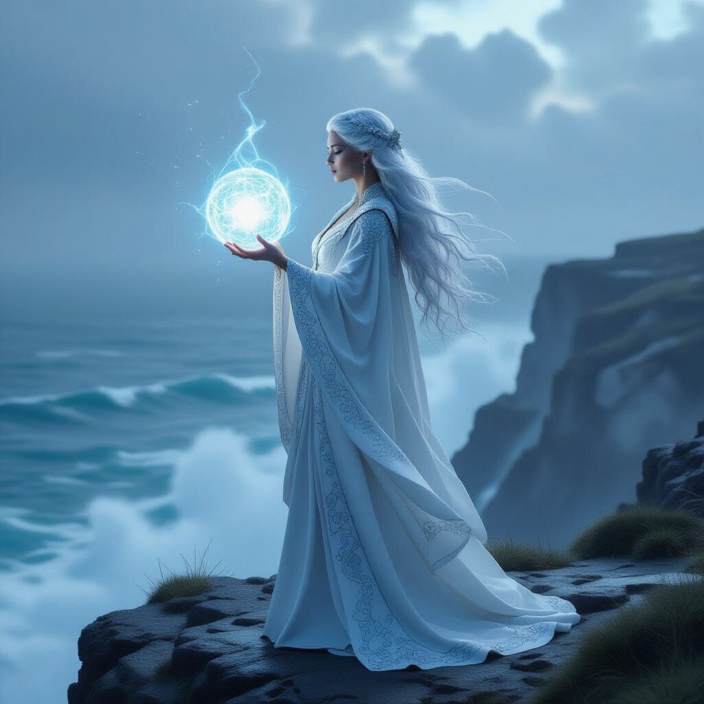 Sorceress on Windswept Cliff Overlooking Stormy Ocean