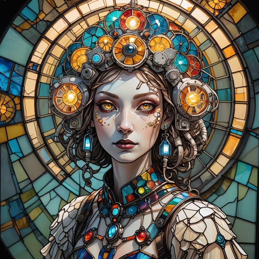 Anthropomorphic Sheep Girl Portrait in Stained Glass Style