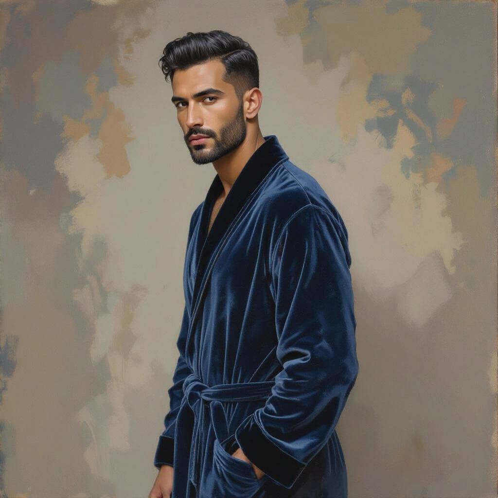 Handsome Indian Man in Blue Velvet Bathrobe