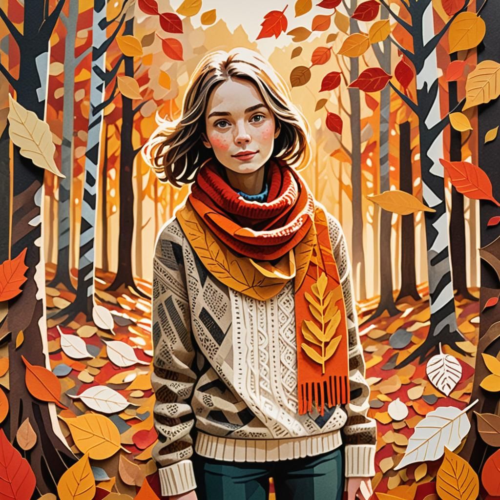 Autumn Paper Collage Art: Woman in Forest