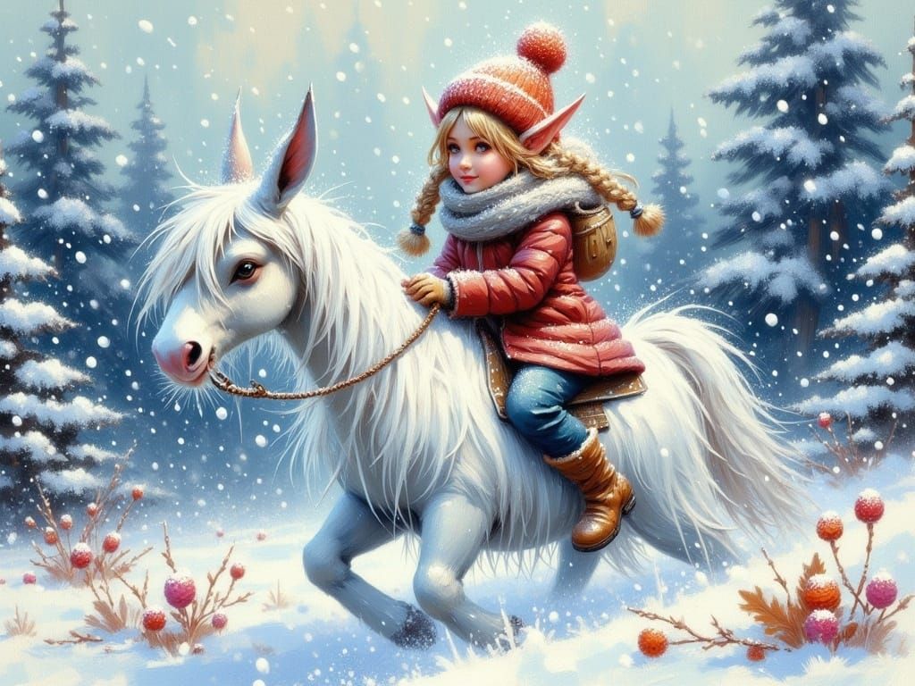 Majestic Elf Maiden Enjoys a Snowy Ride with a Gentle Snowha...