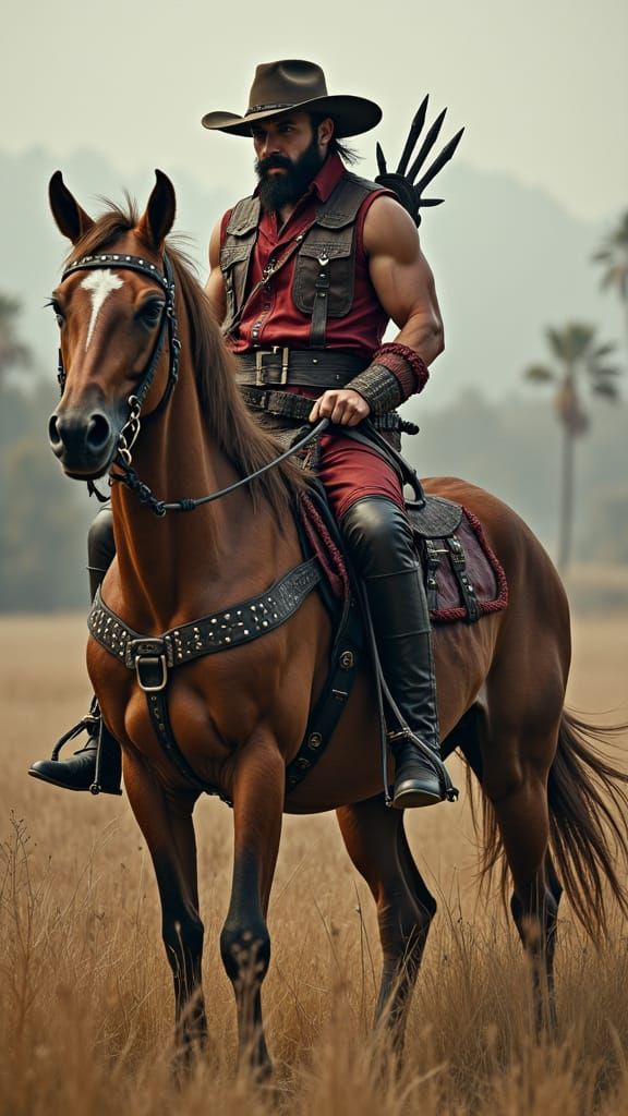 Cowboy Riding Mythical Centaur in Wild West Style