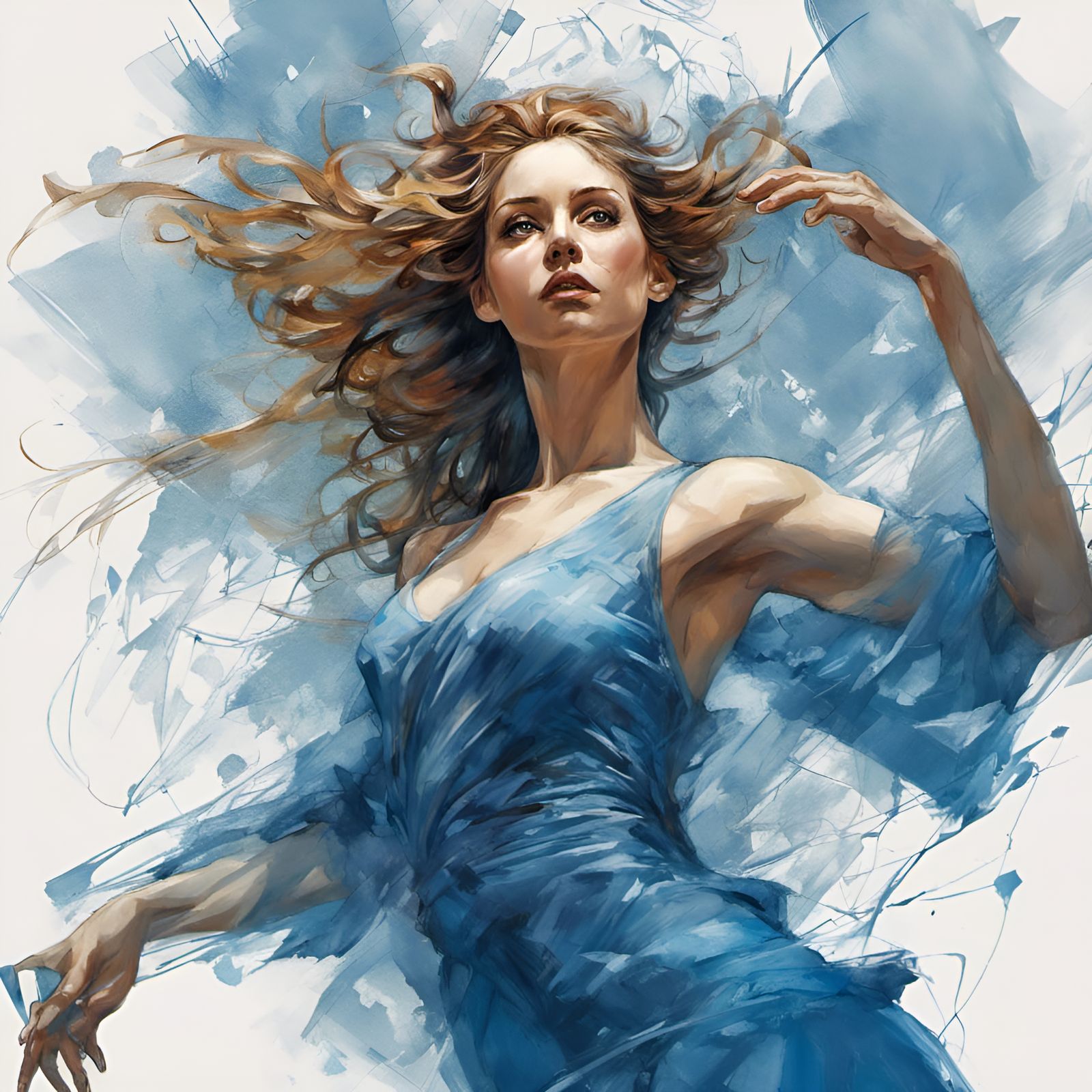 Elegant Woman in Blue Dress: Digital Illustration