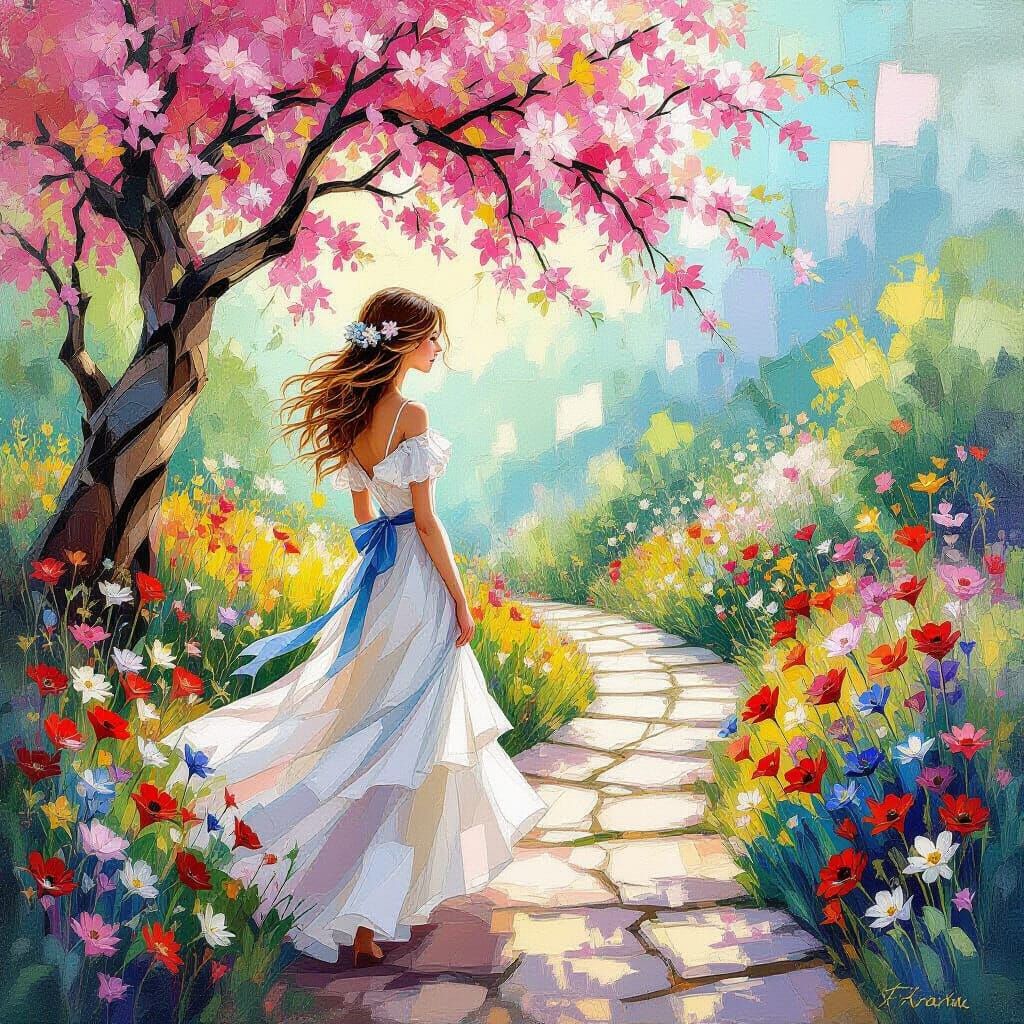 Impressionistic Garden Scene of Woman in White Dress