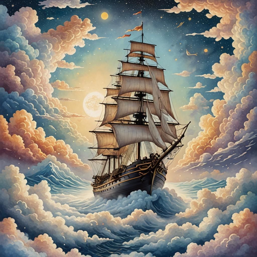 Merry Sailing on Cloud Sea as Pointillism Art