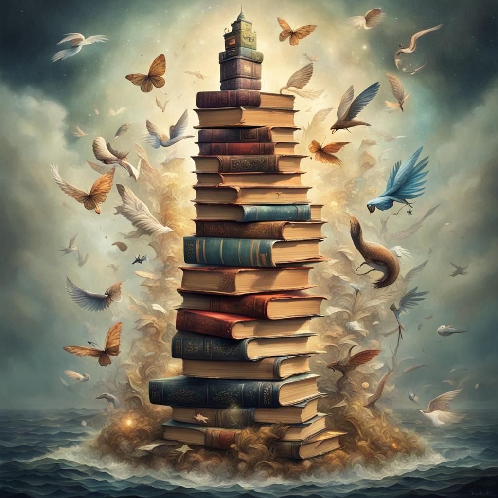 Magical Book Tower with Whimsical Creatures