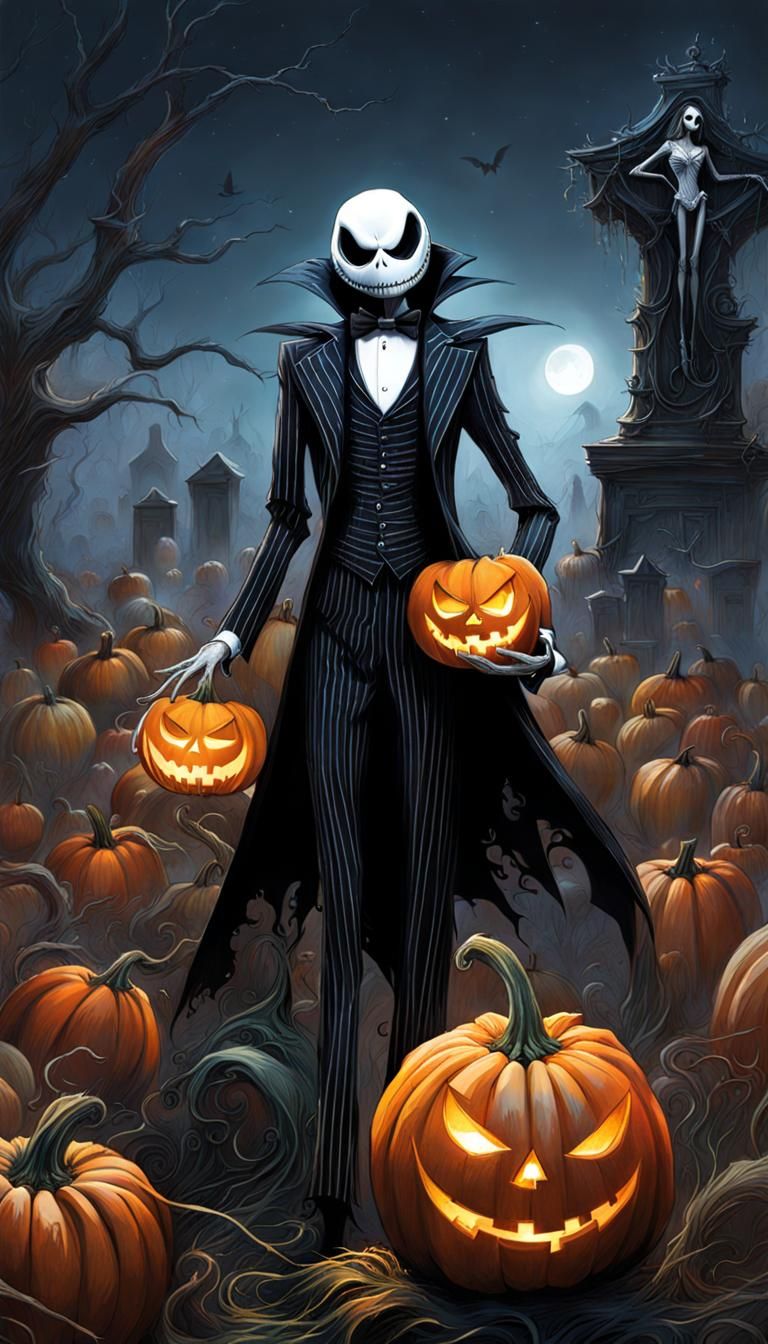 Photorealistic Jack Skellington in Pumpkin Patch Graveyard