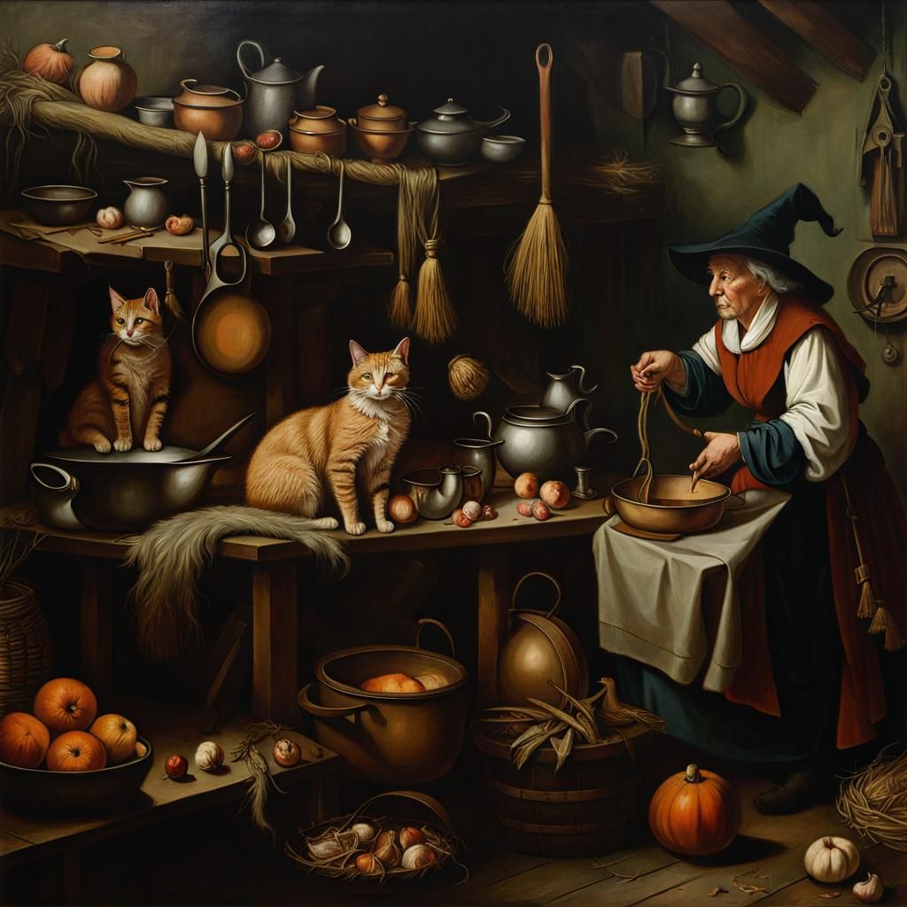 Old Witch and Cat in Kitchen, Chiaroscuro Oil Painting