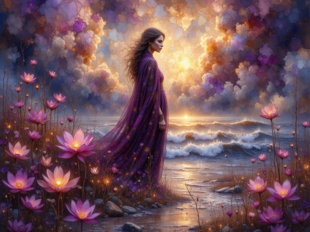 Glowing Celestial Lotus on Beach with Cosmic Mist