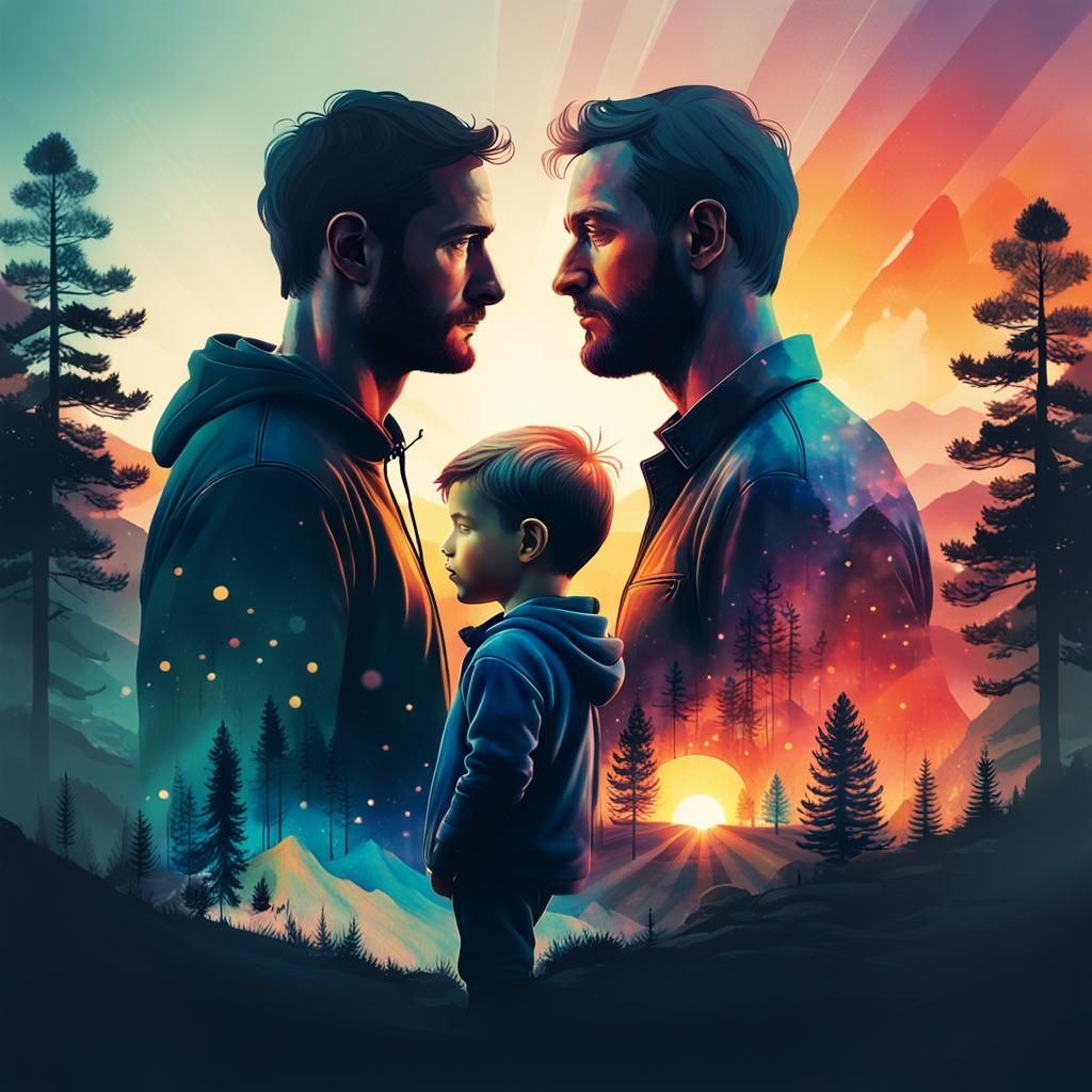 Double Exposure of Father Figure at Sunset