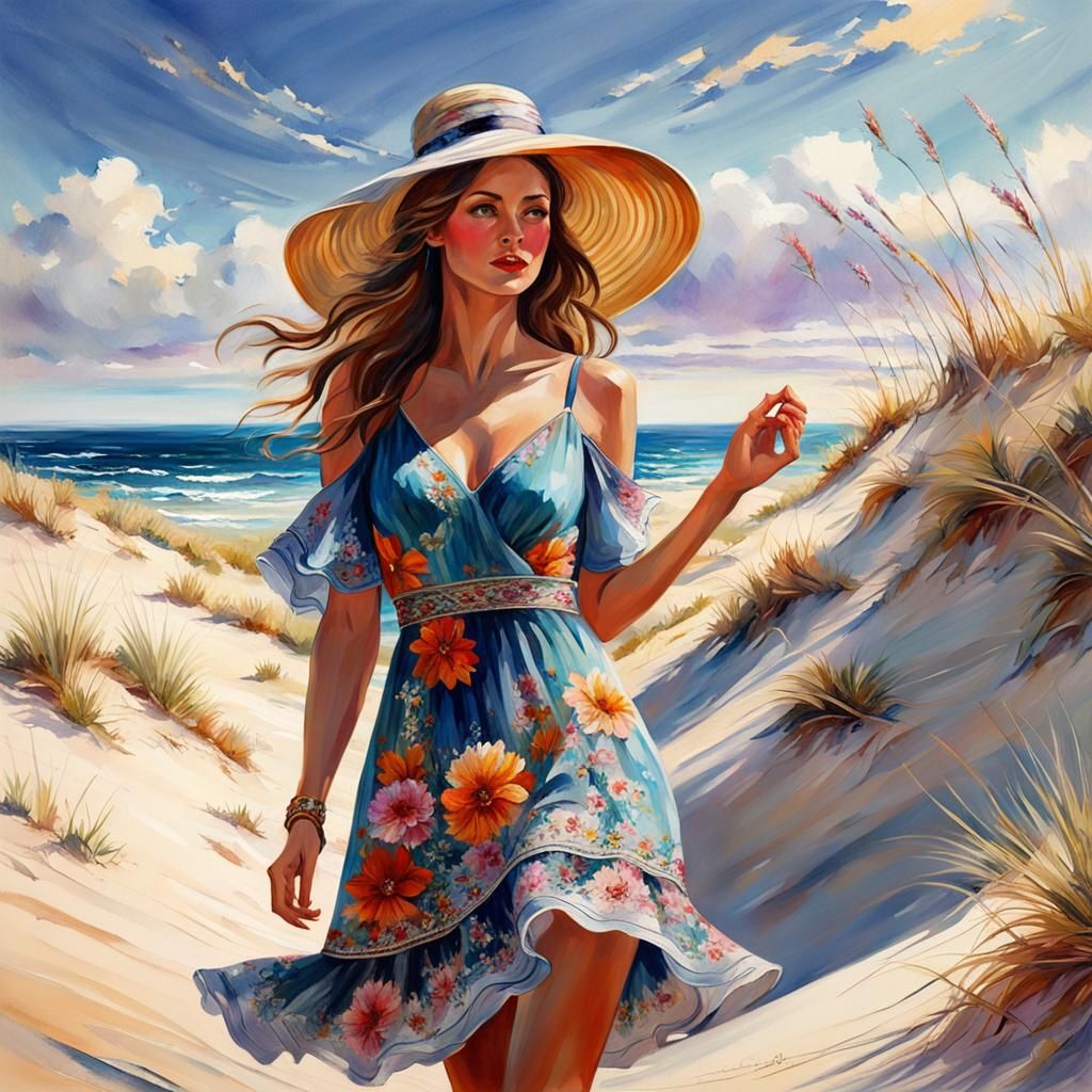 Woman in Floral Dress Gazing at Sea, Watercolor