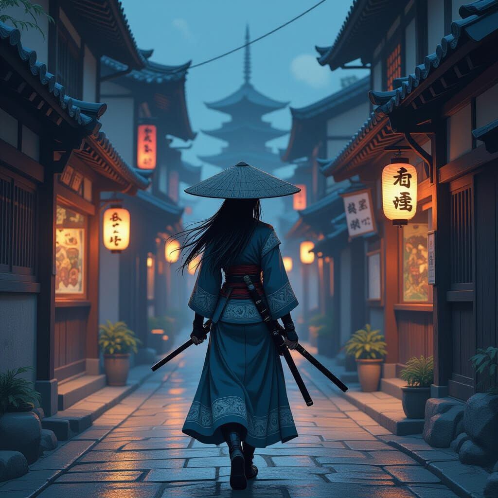 Samurai Woman in Lantern-Lit Alleyway, Ukiyo-e Fantasy Style