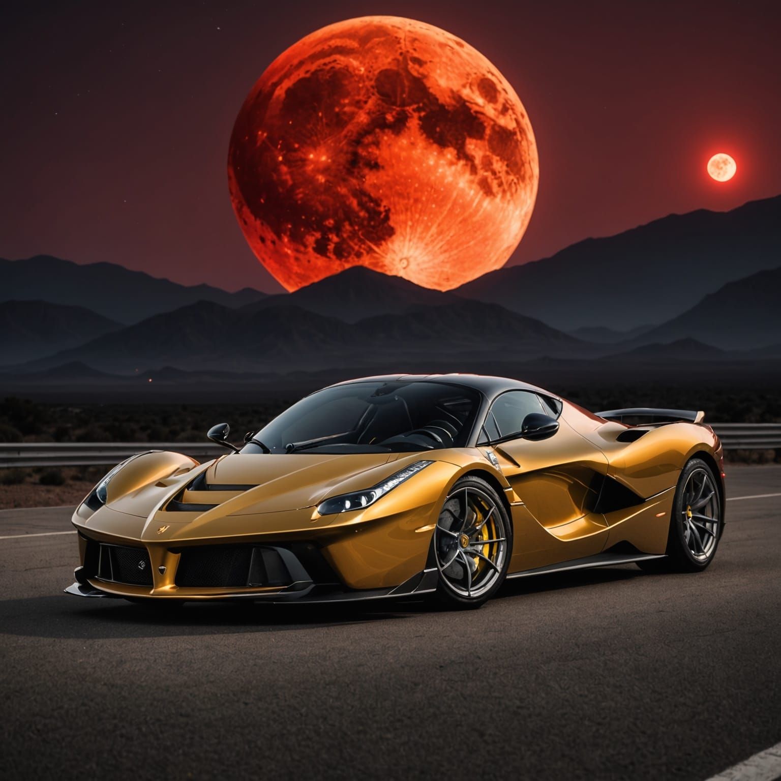 Gold Ferrari LaFerrari With Red Moon Background