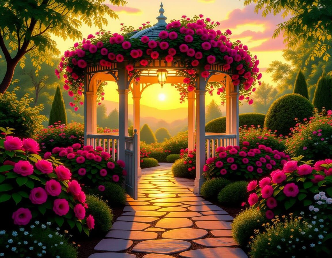 Glowing Garden Haven in Sunset Light